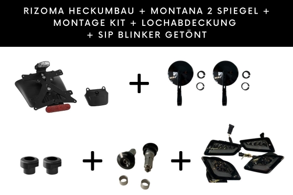 Vespa GTS KIT: SIP Blinker getönt + Rizoma Heckumbau + Montana 2 Spiegel + Montage Kit + Spiegellochabdeckung